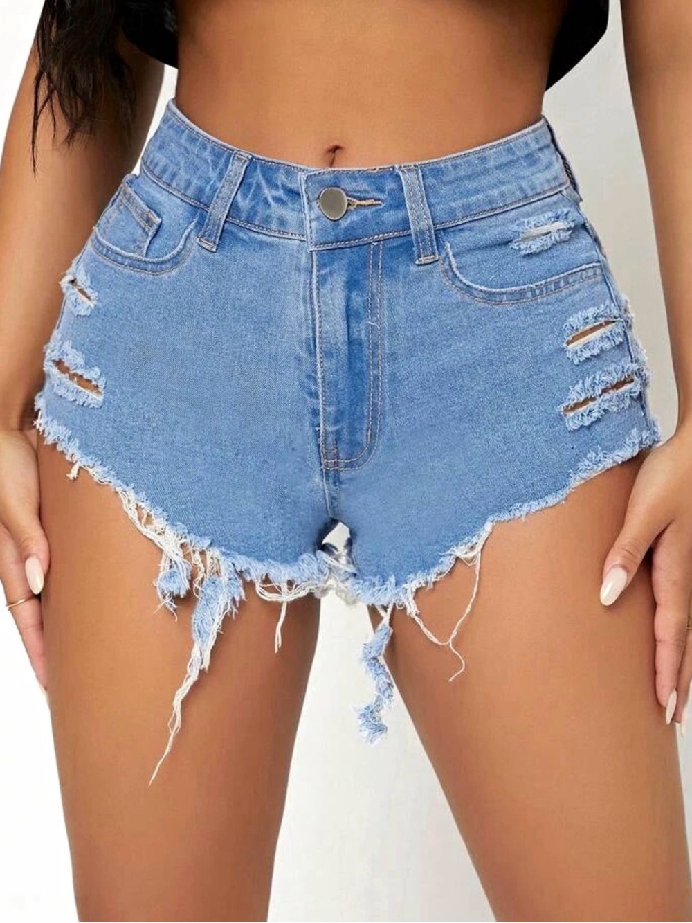 SHEIN PETITE Women Fashion Summer Ripped Denim Shorts With Raw Hem XS